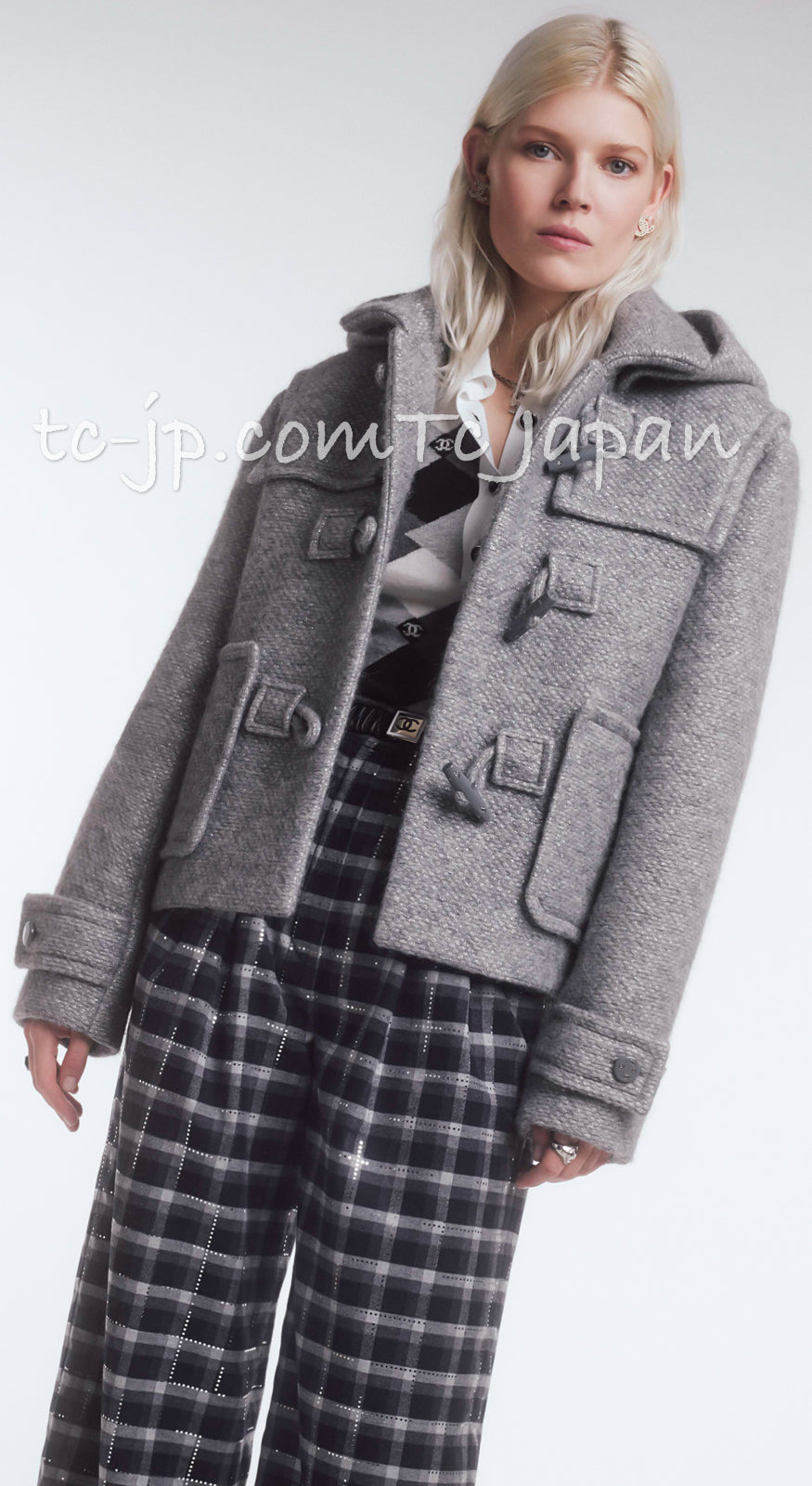 CHANEL 21B Gray Silver Wool Alpaca Blouson Duffel Coat 36 38 42 44 46 シャネル グレー シルバー ウール アルパカ ブルゾン ダッフル コート 即発 - TC JAPAN