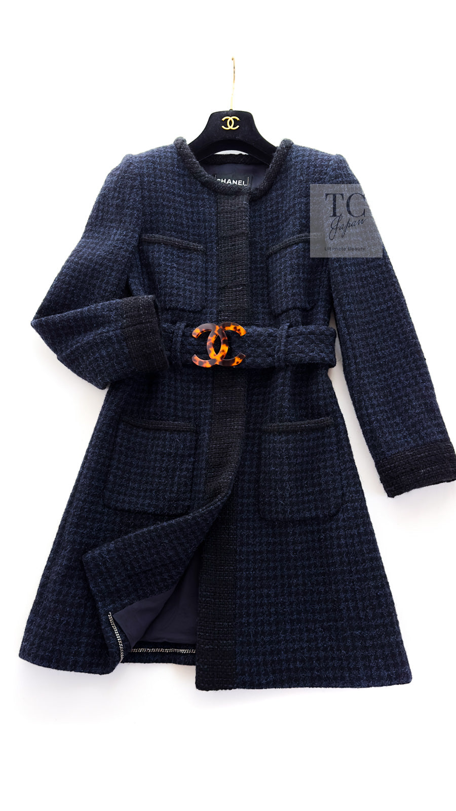 CHANEL 17B Navy Black BIG CC Logo Belt Jacket Coat 36 シャネル ネイビー ブラック ビッグ CC ロゴ ベルト付 ノーカラー ジャケット コート 即発