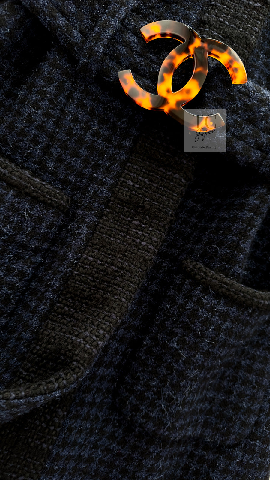 CHANEL 17B Navy Black BIG CC Logo Belt Jacket Coat 36 シャネル ネイビー ブラック ビッグ CC ロゴ ベルト付 ノーカラー ジャケット コート 即発