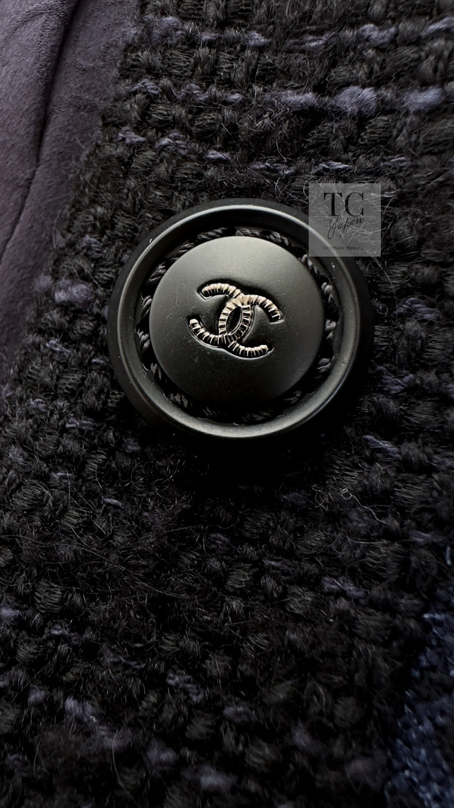 CHANEL 17B Navy Black BIG CC Logo Belt Jacket Coat 36 シャネル ネイビー ブラック ビッグ CC ロゴ ベルト付 ノーカラー ジャケット コート 即発