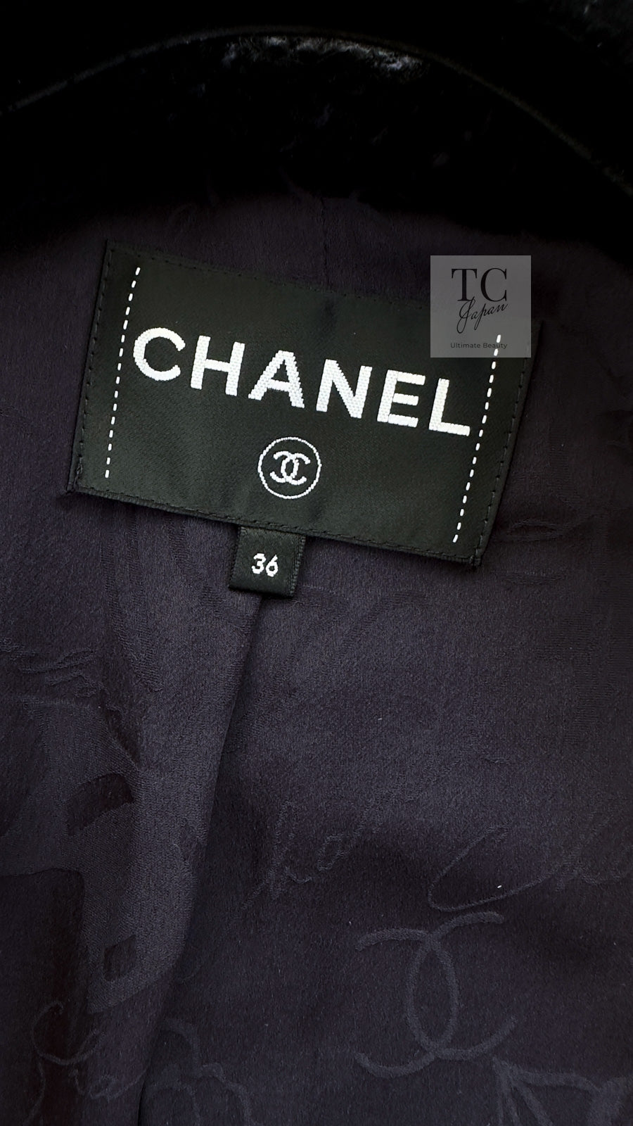CHANEL 17B Navy Black BIG CC Logo Belt Jacket Coat 36 シャネル ネイビー ブラック ビッグ CC ロゴ ベルト付 ノーカラー ジャケット コート 即発