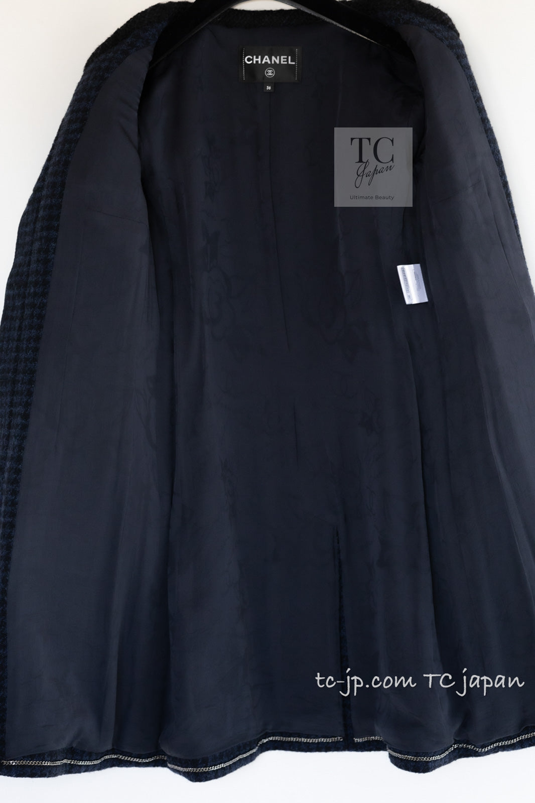 CHANEL 17B Navy Black BIG CC Logo Belt Jacket Coat 36 シャネル ネイビー ブラック ビッグ CC ロゴ ベルト付 ノーカラー ジャケット コート 即発