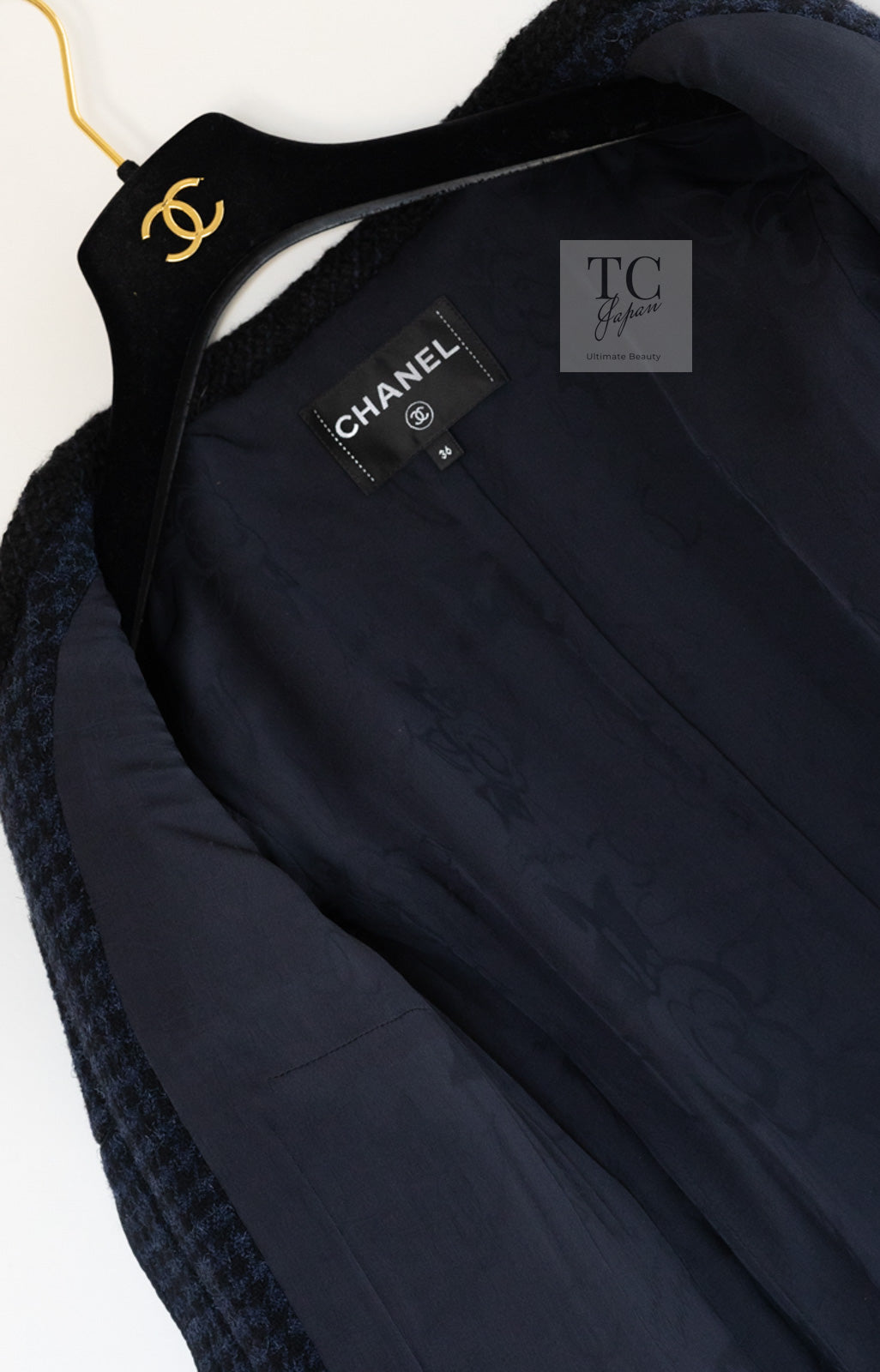 CHANEL 17B Navy Black BIG CC Logo Belt Jacket Coat 36 シャネル ネイビー ブラック ビッグ CC ロゴ ベルト付 ノーカラー ジャケット コート 即発