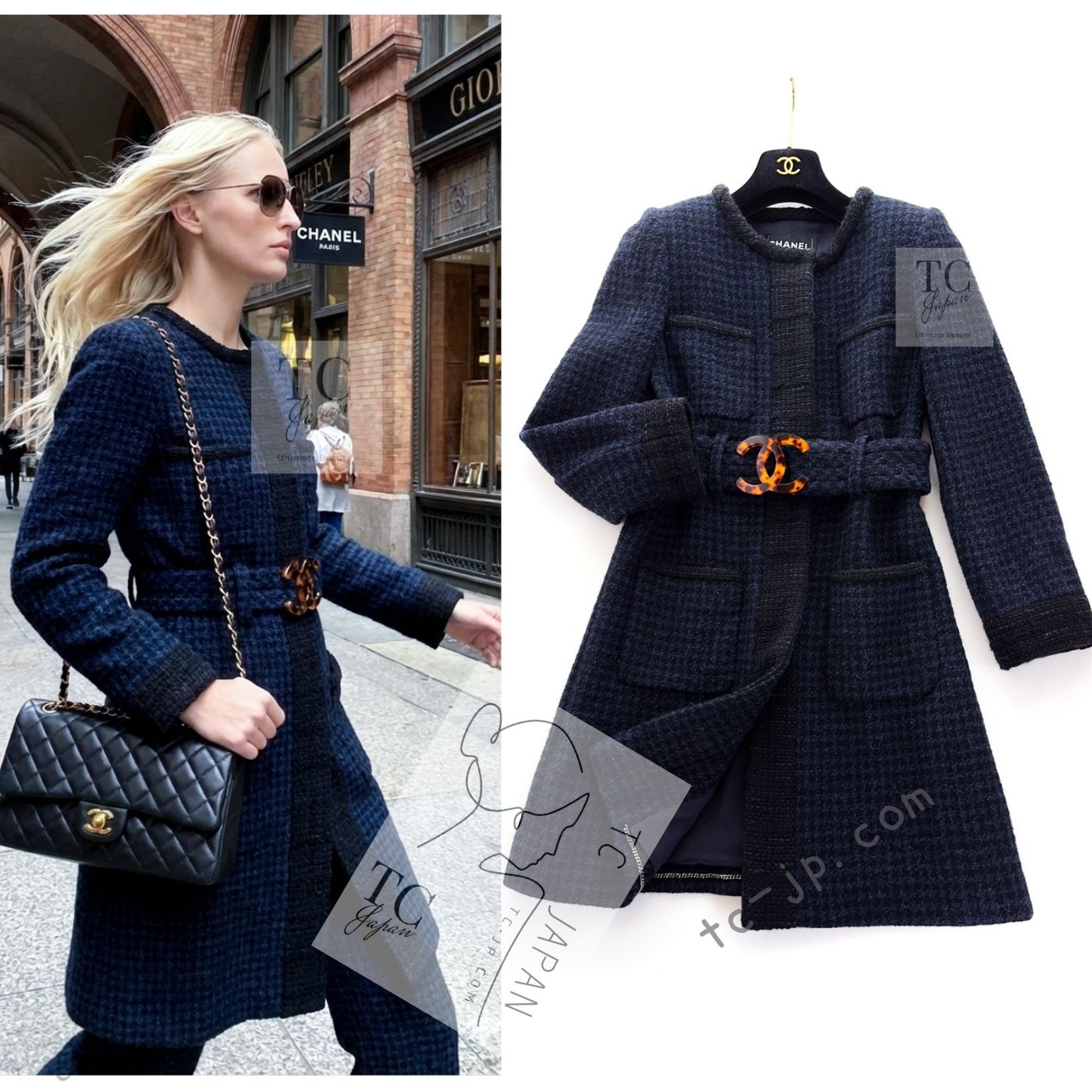CHANEL 17B Navy Black BIG CC Logo Belt Jacket Coat 36 シャネル ネイビー ブラック ビッグ CC ロゴ ベルト付 ノーカラー ジャケット コート 即発