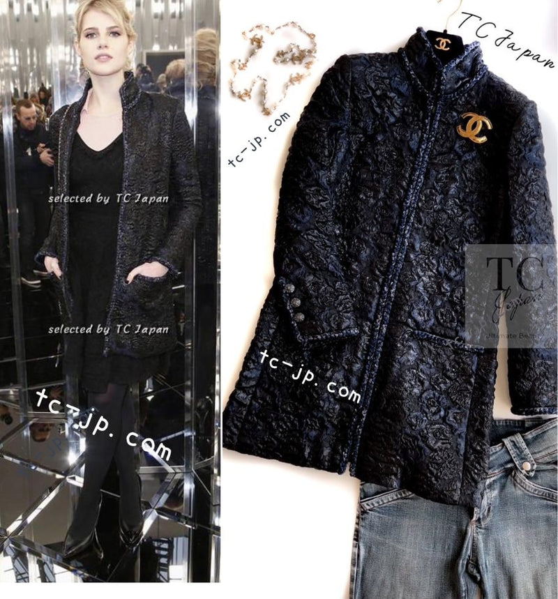 CHANEL 16B Black Navy Metallic Camellia Jacket Coat 34 36 シャネル ブラック ネイビー メタリック カメリア 3D ジャケット コート 即発