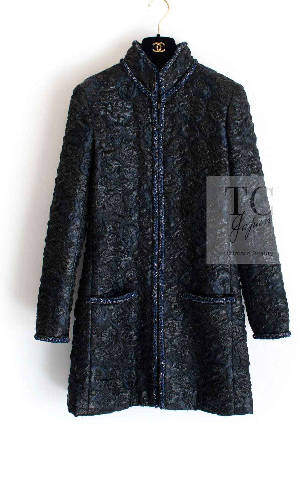 CHANEL 16B Black Navy Metallic Camellia Jacket Coat 34 36 シャネル ブラック ネイビー メタリック カメリア 3D ジャケット コート 即発