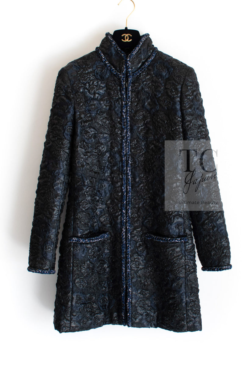CHANEL 16B Black Navy Metallic Camellia Jacket Coat 34 36 シャネル ブラック ネイビー メタリック カメリア 3D ジャケット コート 即発