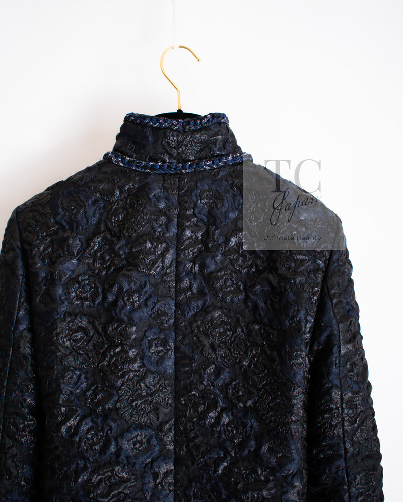 CHANEL 16B Black Navy Metallic Camellia Jacket Coat 34 36 シャネル ブラック ネイビー メタリック カメリア 3D ジャケット コート 即発
