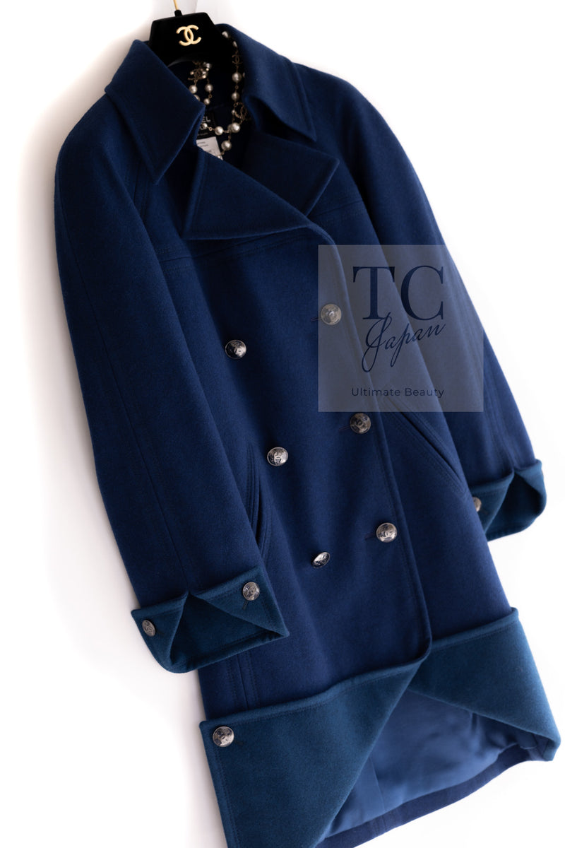 CHANEL 13A Dark Deep Blue Green Double Wool Coat 36 38 シャネル 深い ダークブルー グリーン ダブル ウール コート 即発