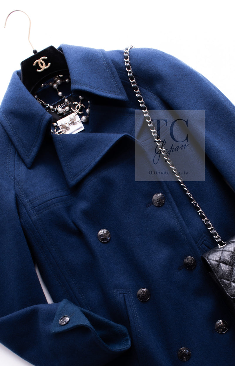 CHANEL 13A Dark Deep Blue Green Double Wool Coat 36 38 シャネル 深い ダークブルー グリーン ダブル ウール コート 即発