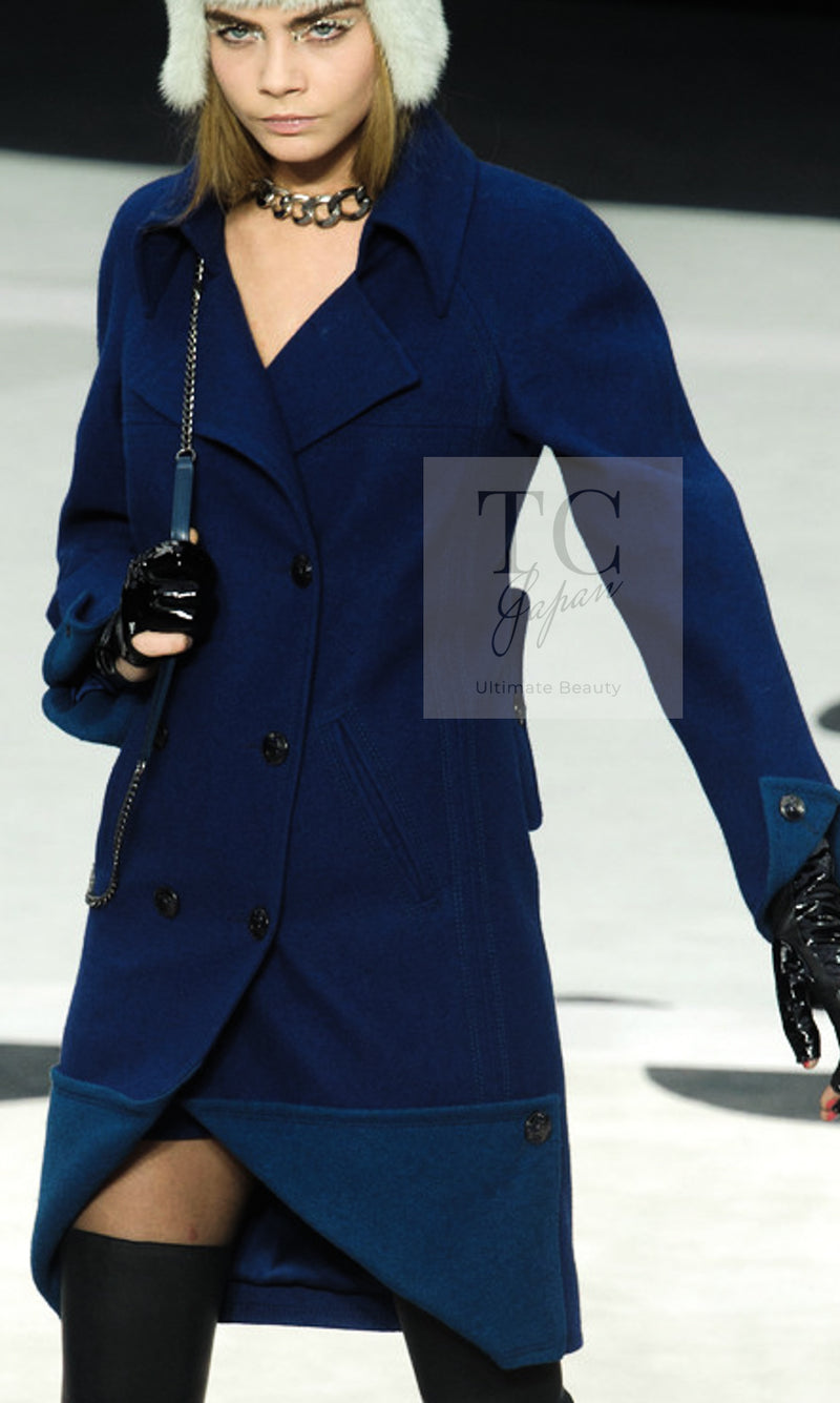 CHANEL 13A Dark Deep Blue Green Double Wool Coat 36 38 シャネル 深い ダークブルー グリーン ダブル ウール コート 即発