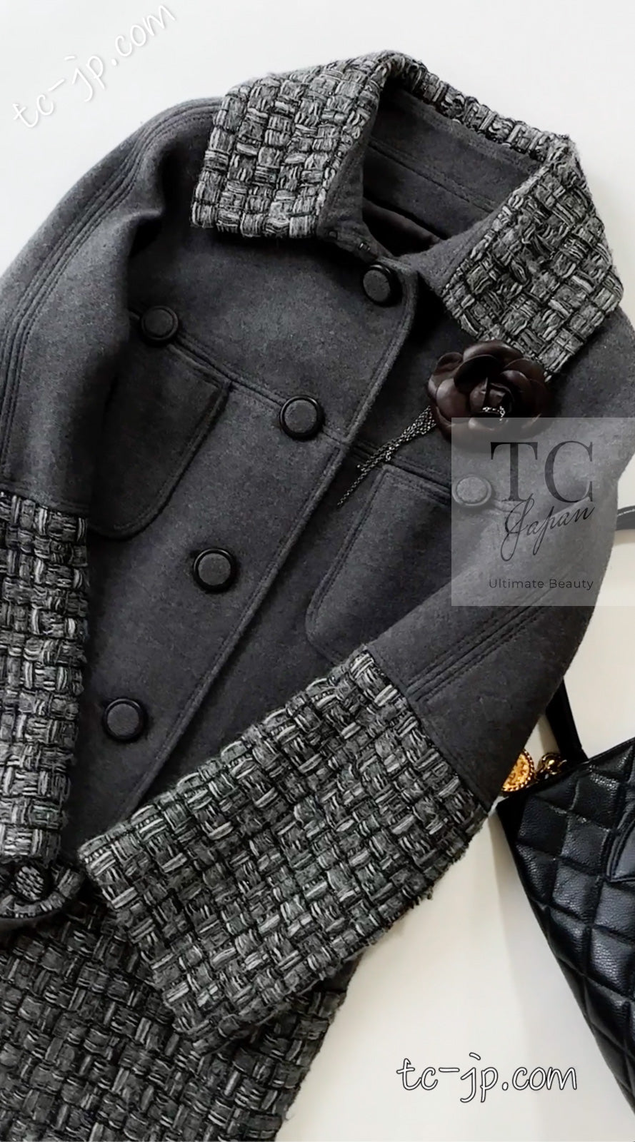 CHANEL ダークグレー コート シャネル グレー メタリック ウール カシミア ふんわり 艶やか