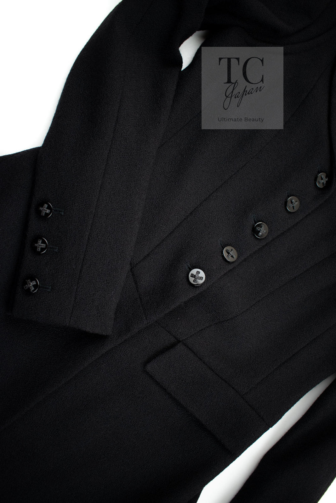 CHANEL 06A Black Wool Tweed Coat 34 シャネル ブラック ウール ツイード コート ラインストーン ビジュー ボタン即発