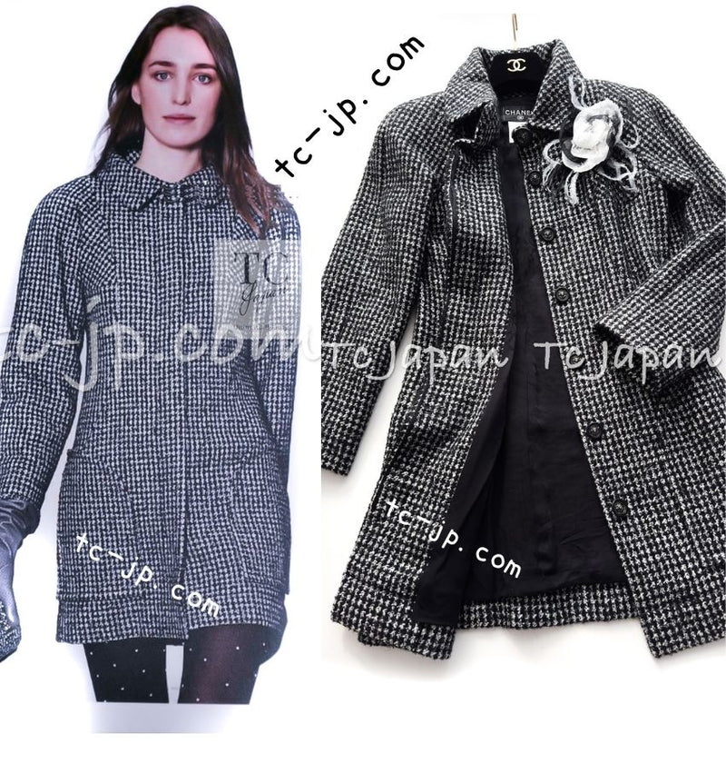 CHANEL 14B Black White Wool Silk Lama Mohair Tweed Coat 36 シャネル ブラック ホワイト ウール シルク ラマ モヘア ツイード コート 即発