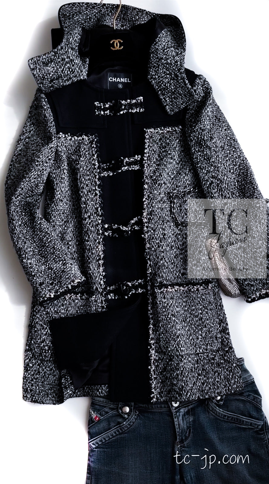 CHANEL 11A Black Gray Wool Hooded Duffle Tweed Coat 36 38 シャネル ブラック グレー ウール ダッフル フード ツイード コート 即発