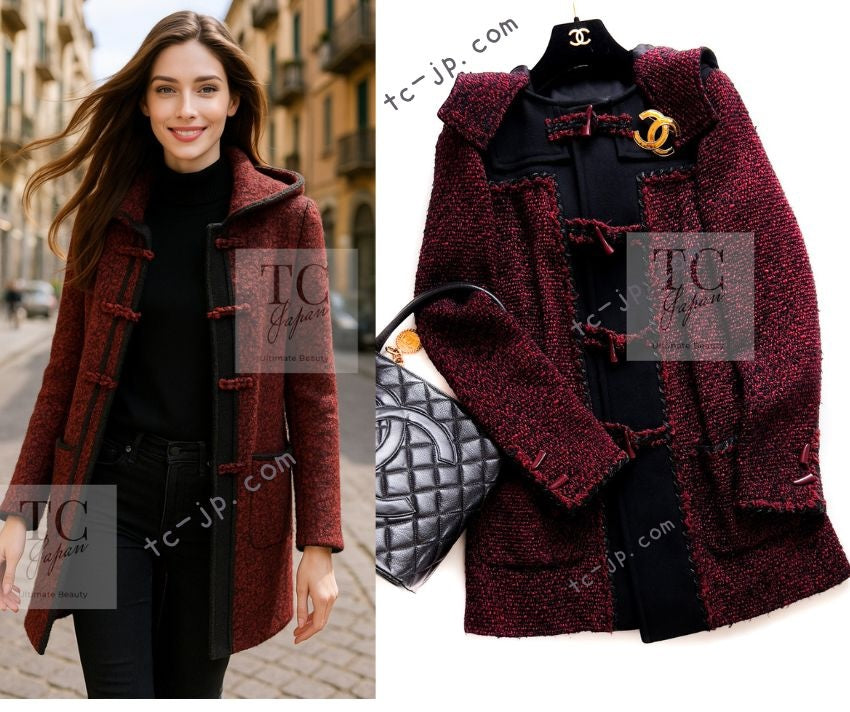 CHANEL 11A Red Black Wool Hooded Duffle Tweed Coat 38 44 46 シャネル レッド ブラック ウール フード ツイード コート 即発