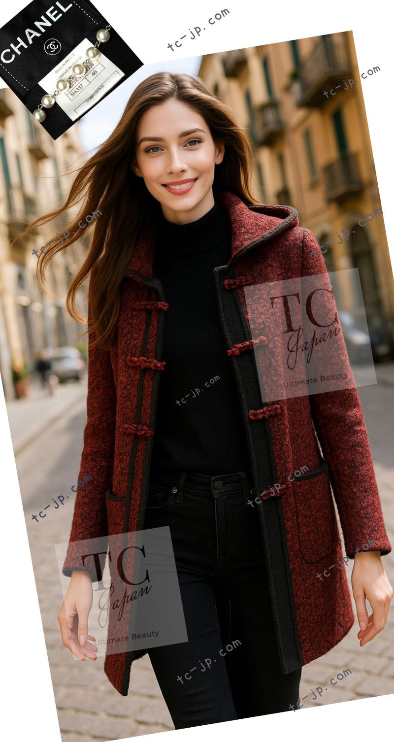 CHANEL 11A Red Black Wool Hooded Duffle Tweed Coat 38 44 46 シャネル レッド ブラック ウール フード ツイード コート 即発