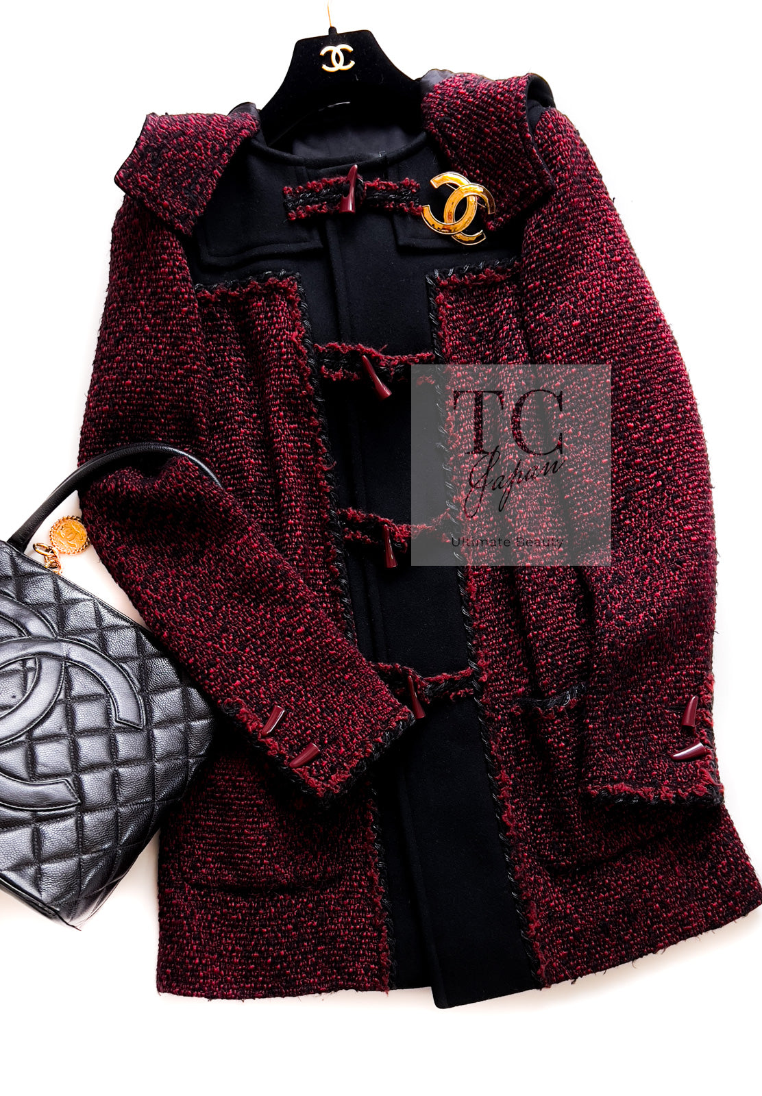 CHANEL 11A Red Black Wool Hooded Duffle Tweed Coat 38 44 46 シャネル レッド ブラック ウール フード ツイード コート 即発