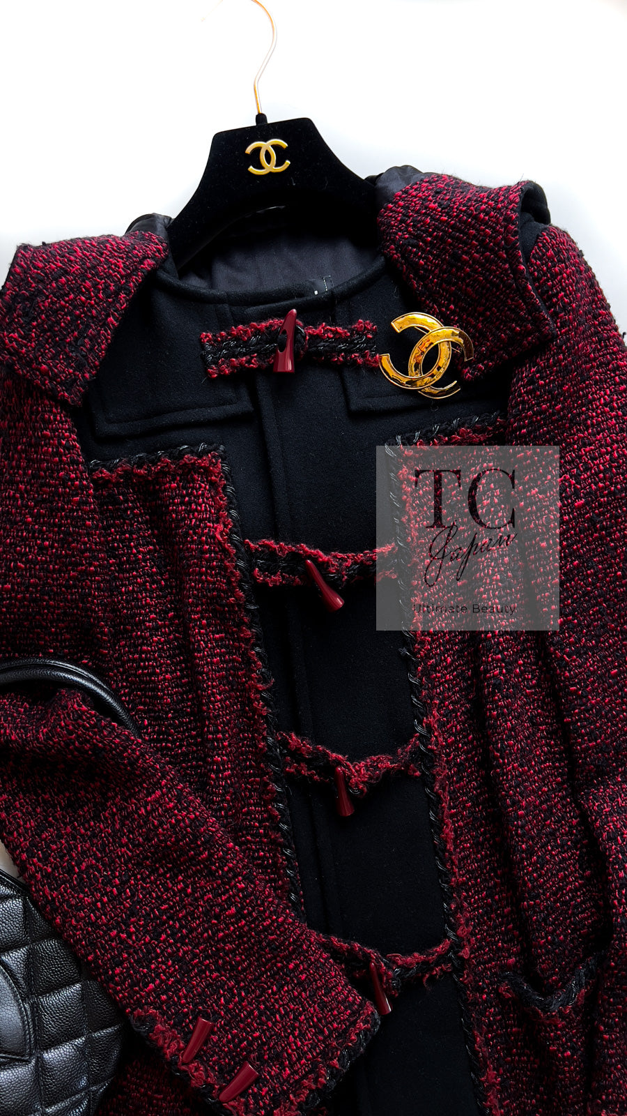 シャネル コート CHANEL レッド ブラック ウール フード ツイード 11A