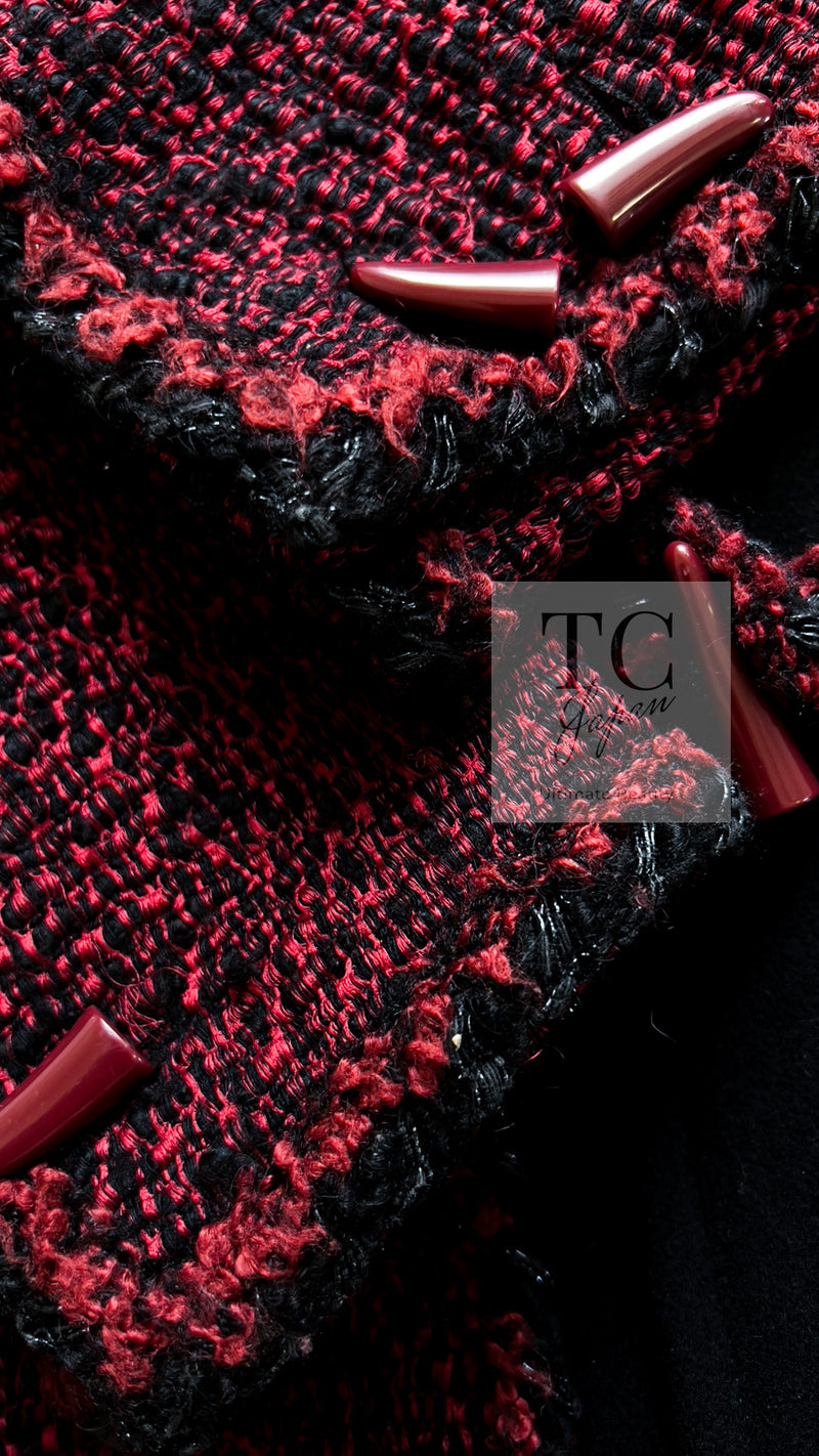 CHANEL 11A Red Black Wool Hooded Duffle Tweed Coat 38 44 46 シャネル レッド ブラック ウール フード ツイード コート 即発