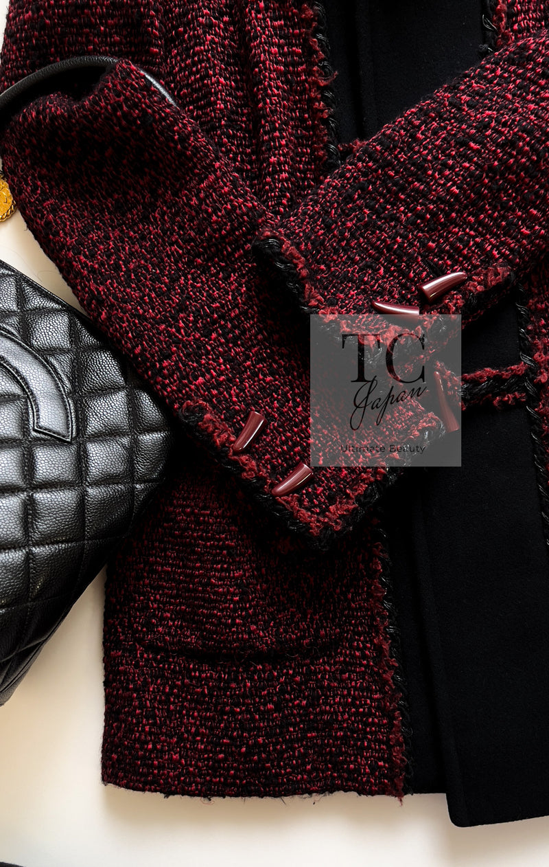CHANEL 11A Red Black Wool Hooded Duffle Tweed Coat 38 44 46 シャネル レッド ブラック ウール フード ツイード コート 即発