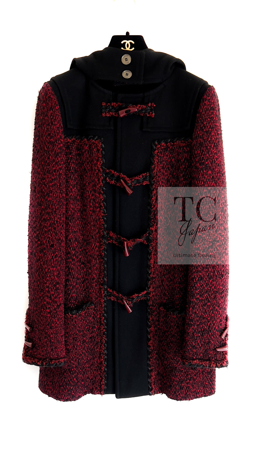 CHANEL 11A Red Black Wool Hooded Duffle Tweed Coat 38 44 46 シャネル レッド ブラック ウール フード ツイード コート 即発