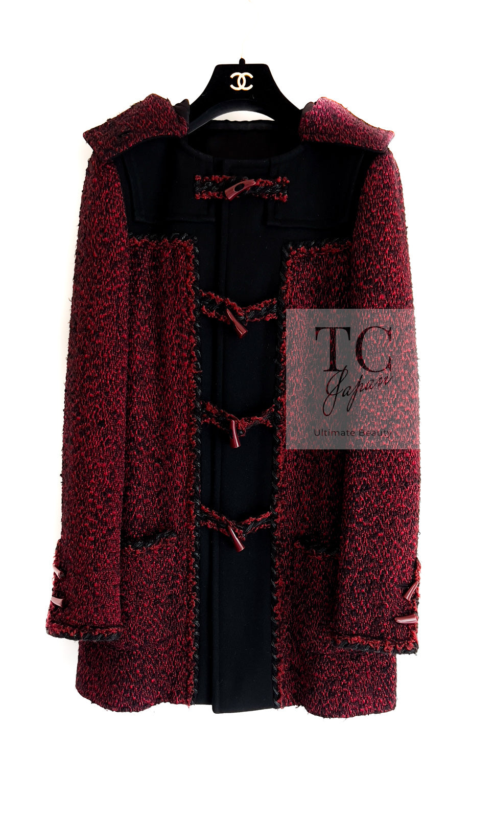 シャネル コート CHANEL レッド ブラック ウール フード ツイード 11A
