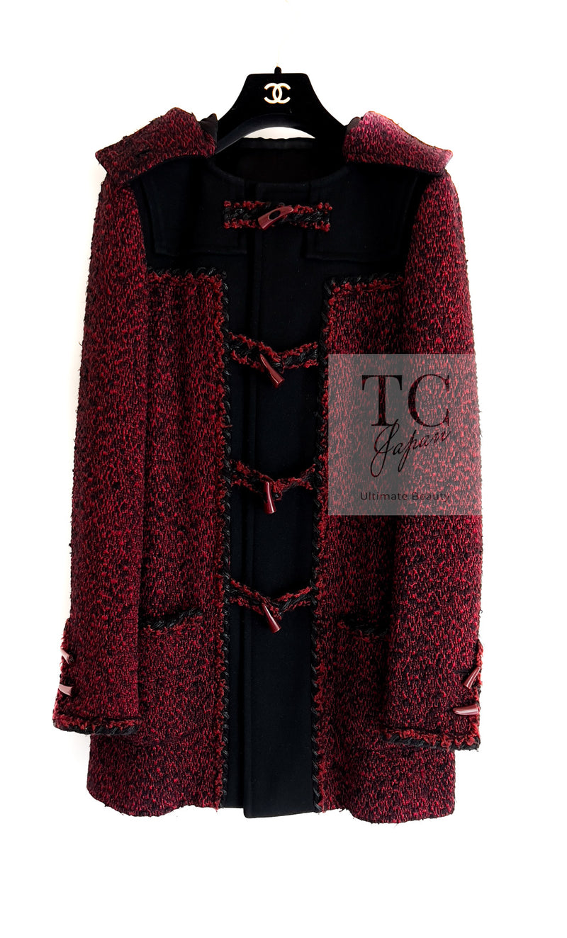 CHANEL 11A Red Black Wool Hooded Duffle Tweed Coat 38 44 46 シャネル レッド ブラック ウール フード ツイード コート 即発