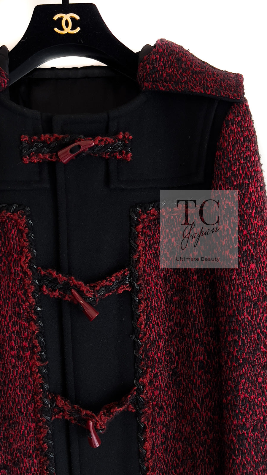 CHANEL 11A Red Black Wool Hooded Duffle Tweed Coat 38 44 46 シャネル レッド ブラック ウール フード ツイード コート 即発