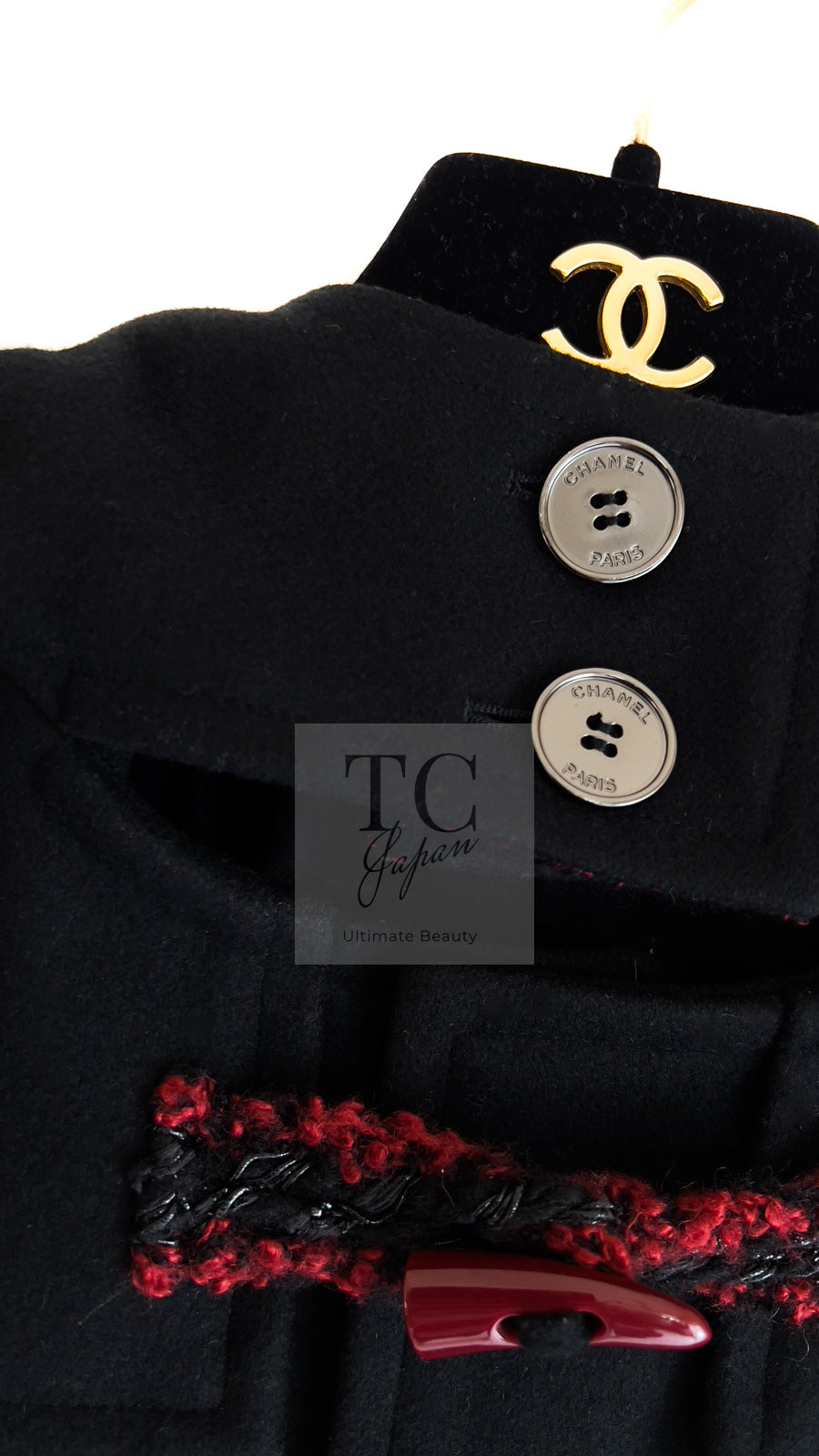 CHANEL 11A Red Black Wool Hooded Duffle Tweed Coat 38 44 46 シャネル レッド ブラック ウール フード ツイード コート 即発