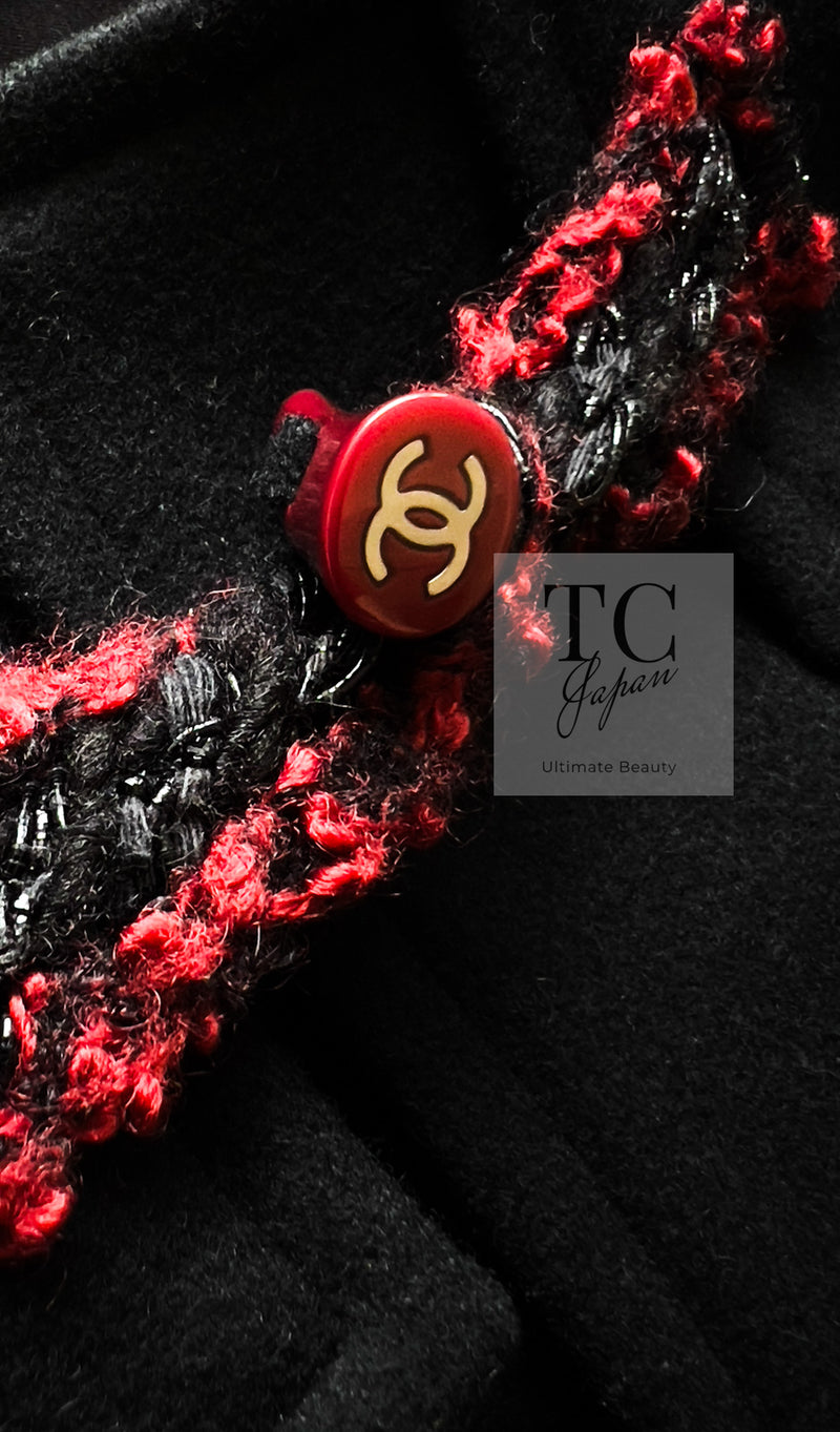 CHANEL 11A Red Black Wool Hooded Duffle Tweed Coat 38 44 46 シャネル レッド ブラック ウール フード ツイード コート 即発