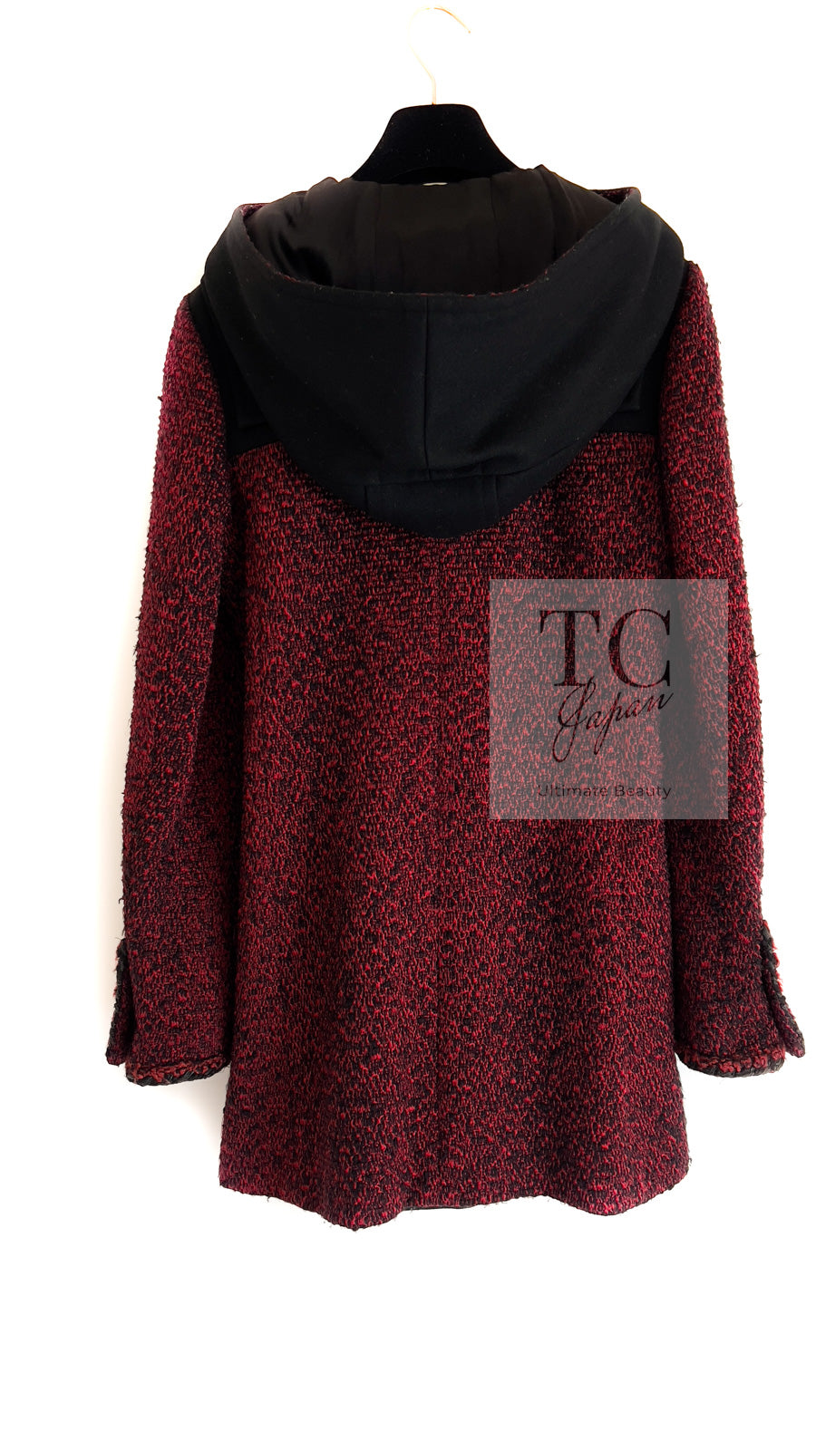 CHANEL 11A Red Black Wool Hooded Duffle Tweed Coat 38 44 46 シャネル レッド ブラック ウール フード ツイード コート 即発