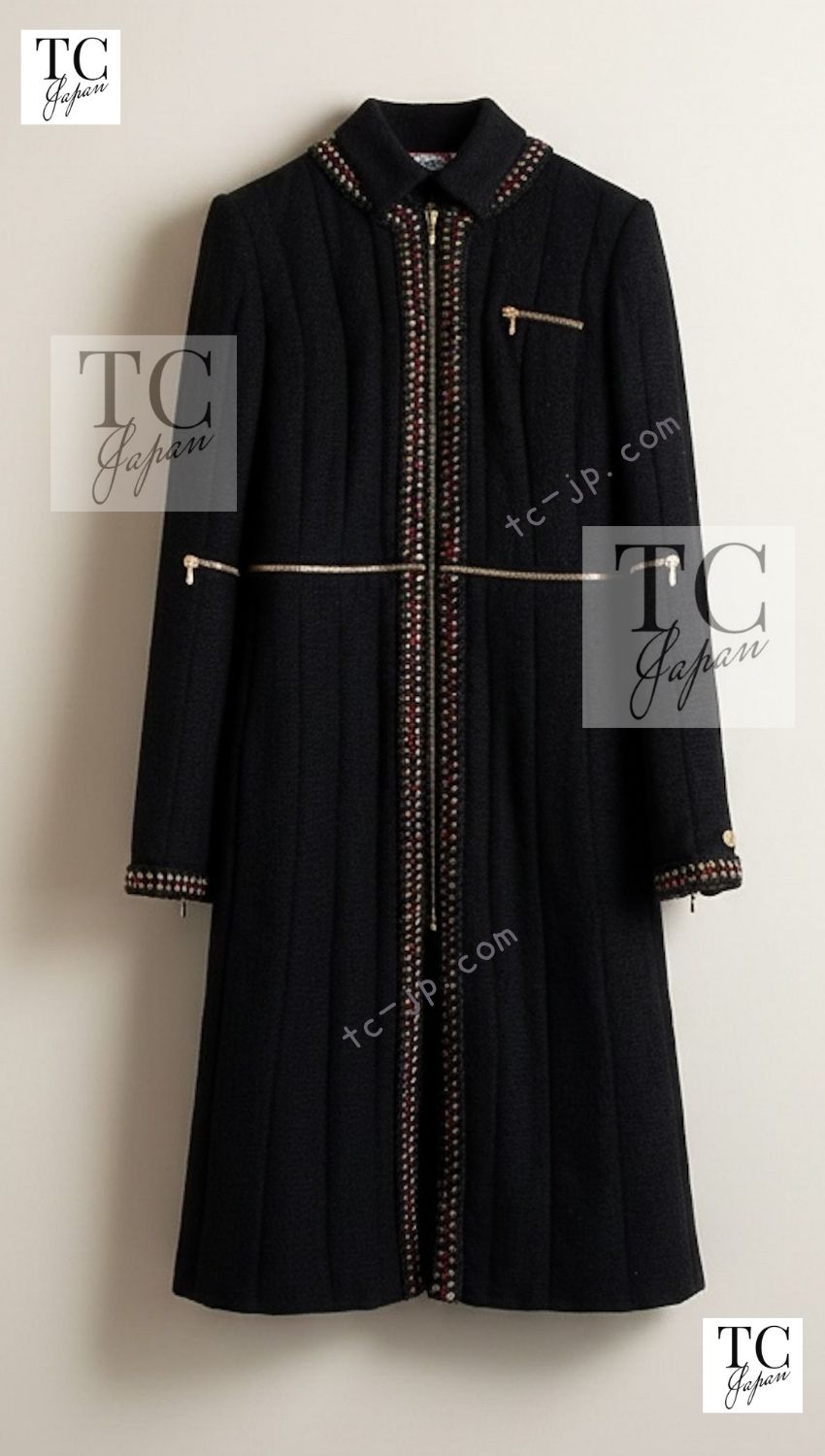 CHANEL 10PF Black Zipper Trimming Wool Silk Coat 34 38 40 シャネル ブラック ジッパー トリミング ウール シルク コート 即発