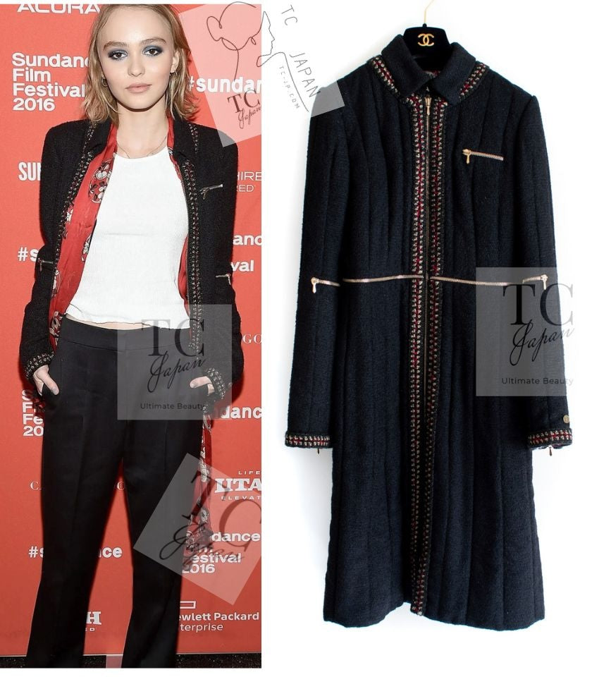 CHANEL 10PF Black Zipper Trimming Wool Silk Coat 34 シャネル ブラック ジッパー トリミング ウール シルク コート 即発
