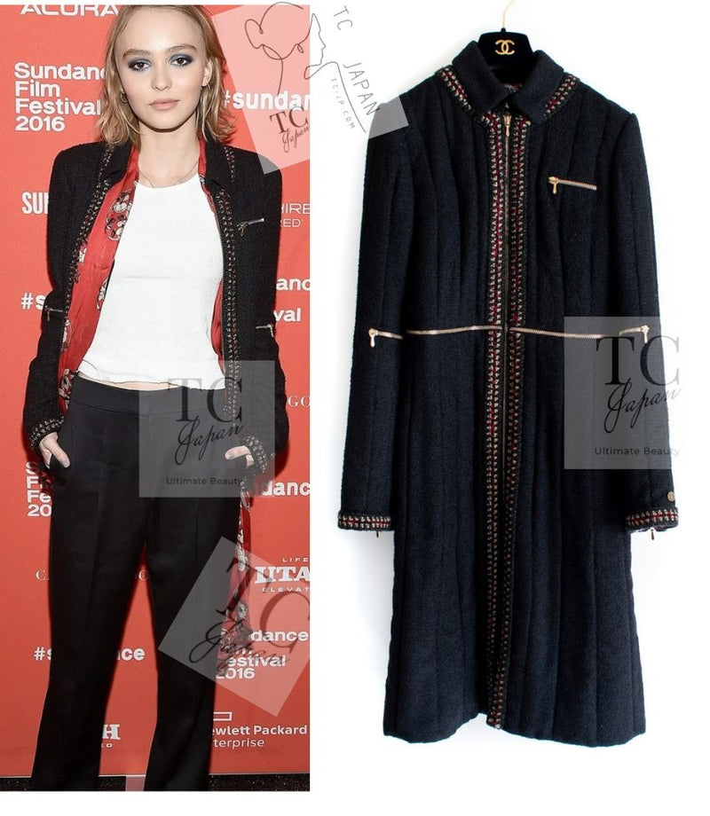 CHANEL 10PF Black Zipper Trimming Wool Silk Coat 34 シャネル ブラック ジッパー トリミング ウール シルク コート 即発