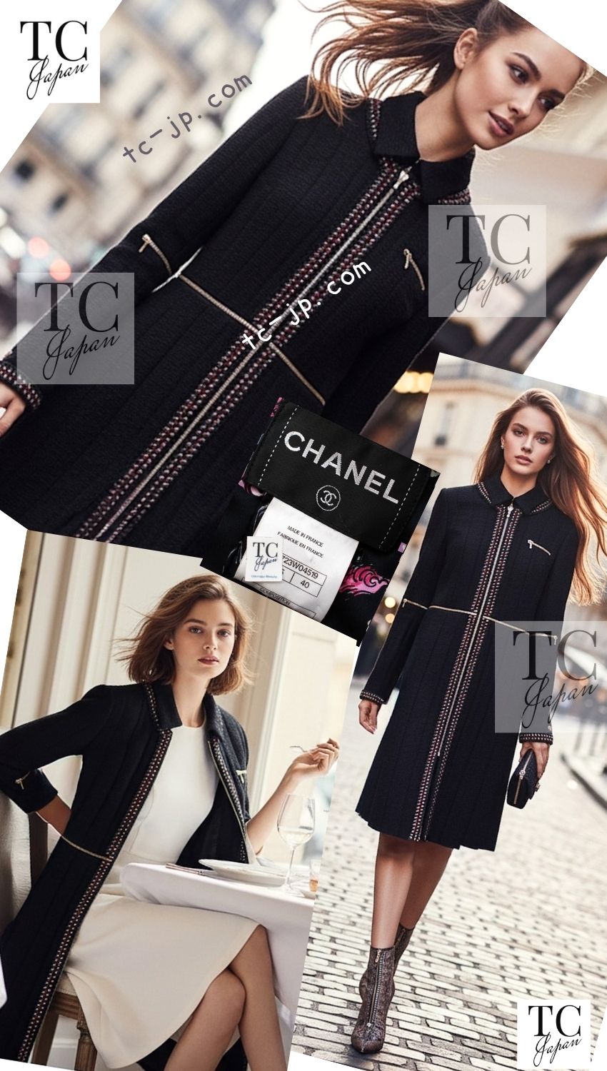 CHANEL 10PF Black Zipper Trimming Wool Silk Coat 34 38 40 シャネル ブラック ジッパー トリミング ウール シルク コート 即発