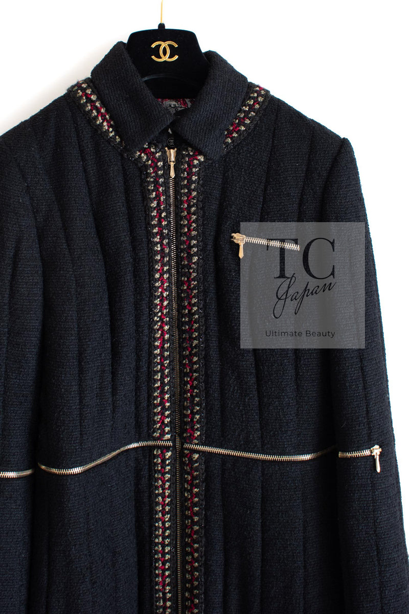 CHANEL 10PF Black Zipper Trimming Wool Silk Coat 34 シャネル ブラック ジッパー トリミング ウール シルク コート 即発