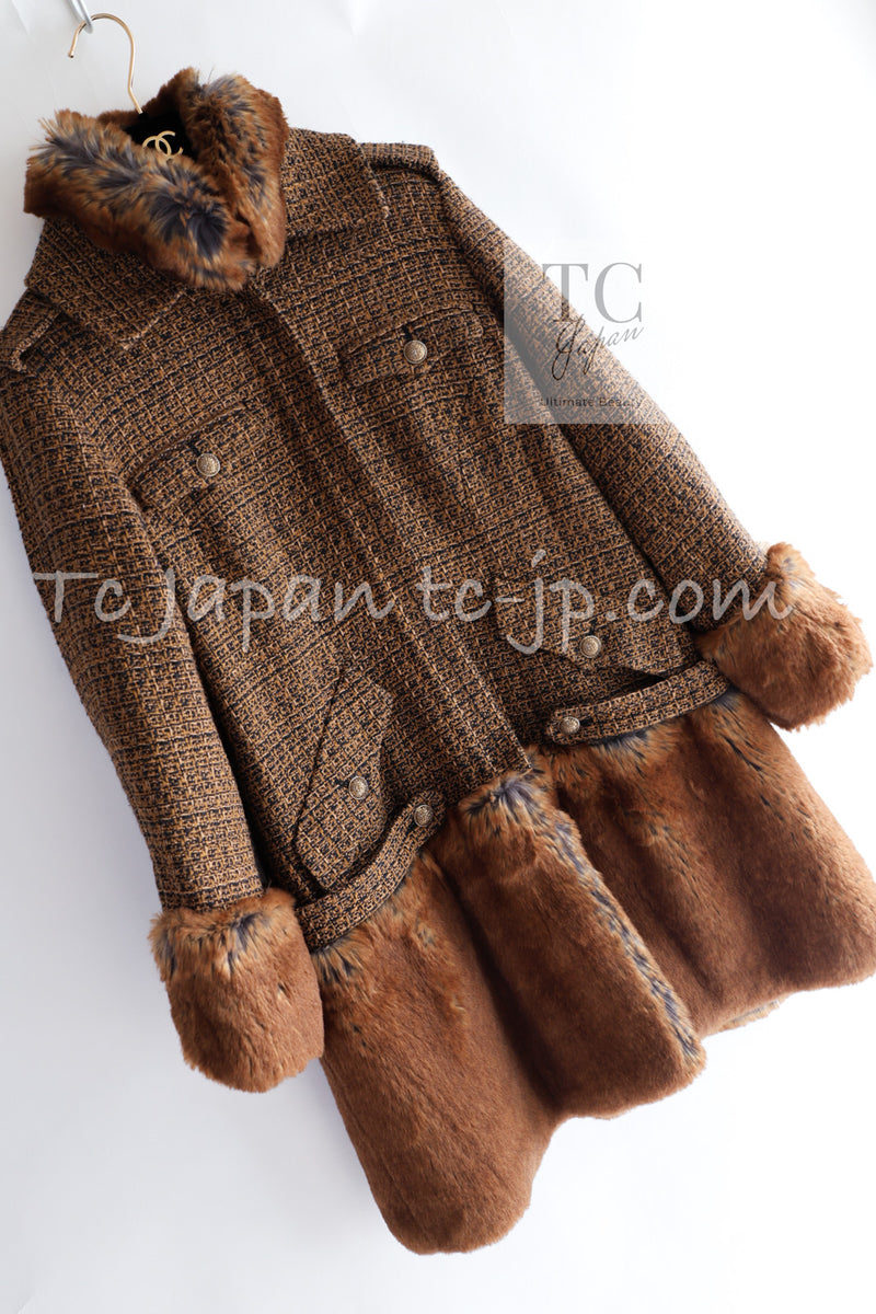 CHANEL 10A Brown Fantasy Faux Tweed Jacket Coat Penelope Cruz 38 シャネル ブラウン ファンタジー ファー ツイード ロング ジャケット コート ペネロペ クルス 着 即発