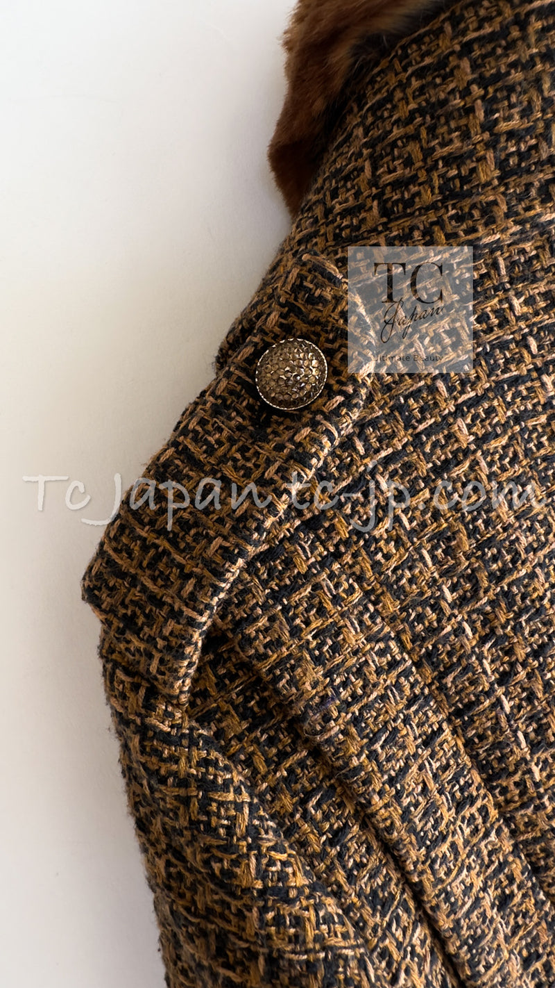 CHANEL 10A Brown Fantasy Faux Tweed Jacket Coat Penelope Cruz 38 シャネル ブラウン ファンタジー ファー ツイード ロング ジャケット コート ペネロペ クルス 着 即発