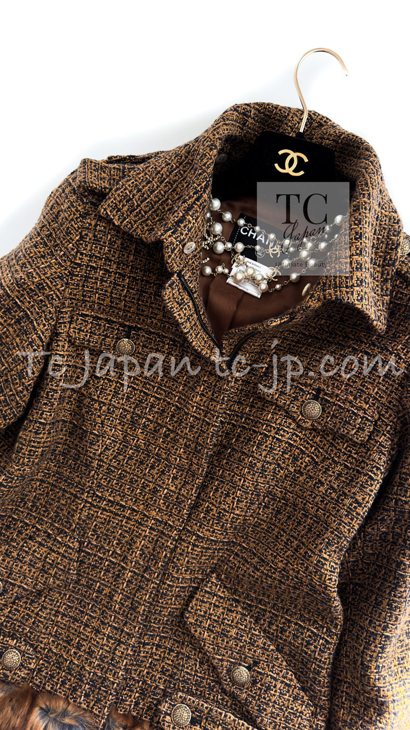 CHANEL 10A Brown Fantasy Faux Tweed Jacket Coat Penelope Cruz 38 シャネル ブラウン ファンタジー ファー ツイード ロング ジャケット コート ペネロペ クルス 着 即発