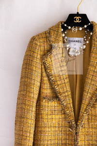 CHANEL 11C Yellow Gold Wool Cotton Swarovski Crystal Tweed Jacket Skirt Suit 38 シャネル イエロー ゴールド スワロフスキー ウール コットン ツイード ジャケット スカート スーツ 即発