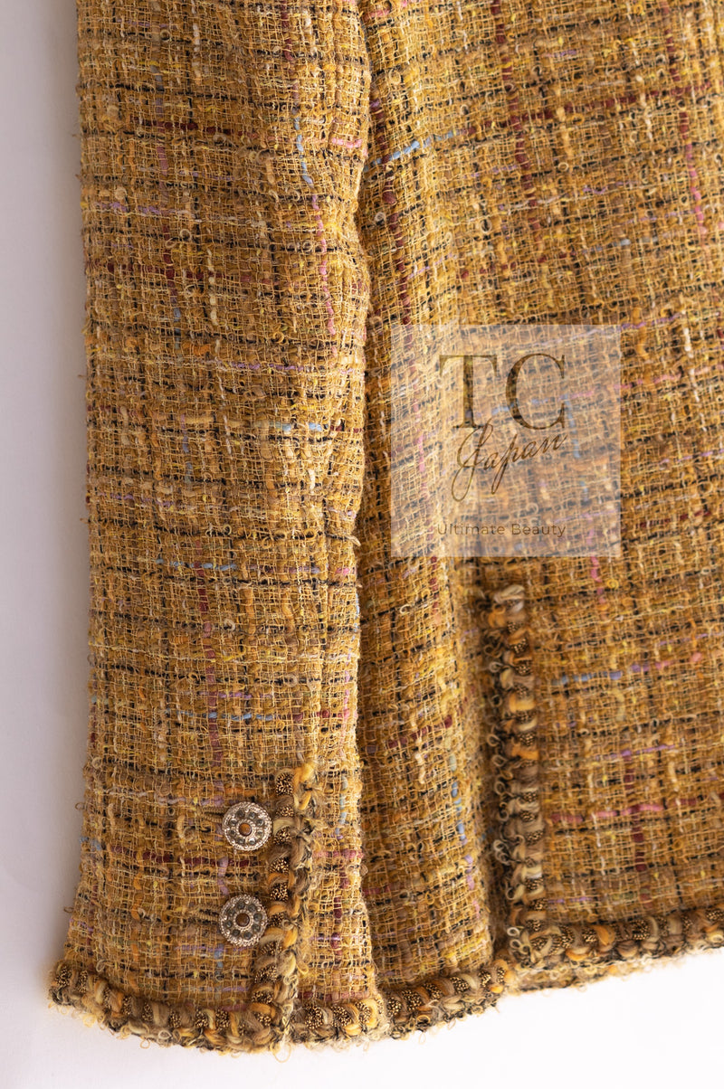 CHANEL 11C Yellow Gold Wool Cotton Swarovski Crystal Tweed Jacket Skirt Suit 38 シャネル イエロー ゴールド スワロフスキー ウール コットン ツイード ジャケット スカート スーツ 即発