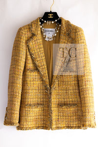 CHANEL 11C Yellow Gold Wool Cotton Swarovski Crystal Tweed Jacket Skirt Suit 38 シャネル イエロー ゴールド スワロフスキー ウール コットン ツイード ジャケット スカート スーツ 即発