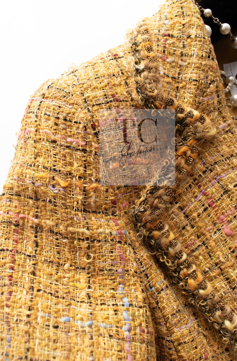 CHANEL 11C Yellow Gold Wool Cotton Swarovski Crystal Tweed Jacket Skirt Suit 38 シャネル イエロー ゴールド スワロフスキー ウール コットン ツイード ジャケット スカート スーツ 即発