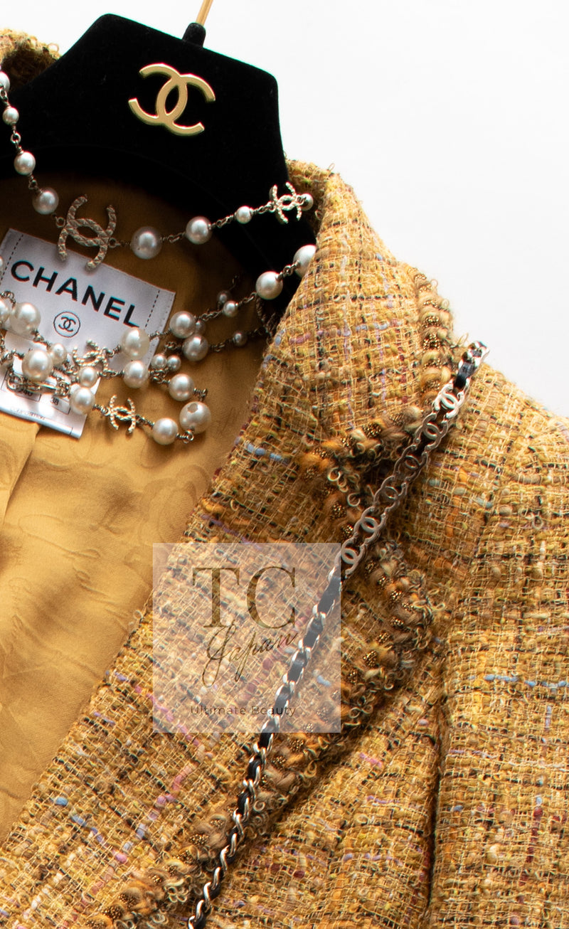 CHANEL 11C Yellow Gold Wool Cotton Swarovski Crystal Tweed Jacket Skirt Suit 38 シャネル イエロー ゴールド スワロフスキー ウール コットン ツイード ジャケット スカート スーツ 即発