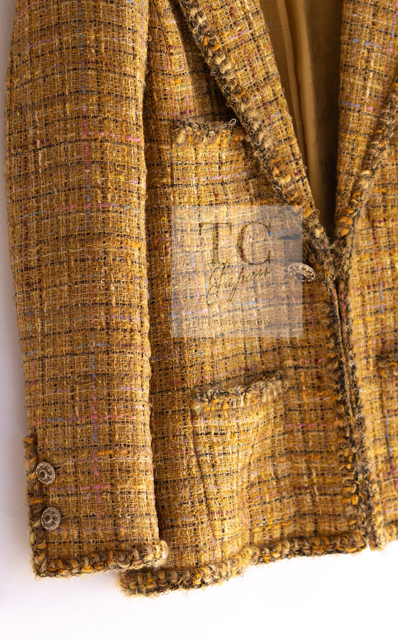 CHANEL 11C Yellow Gold Wool Cotton Swarovski Crystal Tweed Jacket Skirt Suit 38 シャネル イエロー ゴールド スワロフスキー ウール コットン ツイード ジャケット スカート スーツ 即発