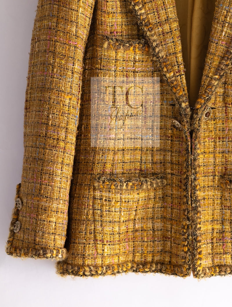 CHANEL 11C Yellow Gold Wool Cotton Swarovski Crystal Tweed Jacket Skirt Suit 38 シャネル イエロー ゴールド スワロフスキー ウール コットン ツイード ジャケット スカート スーツ 即発