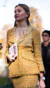 CHANEL 11C Yellow Gold Wool Cotton Swarovski Crystal Tweed Jacket Skirt Suit 38 シャネル イエロー ゴールド スワロフスキー ウール コットン ツイード ジャケット スカート スーツ 即発