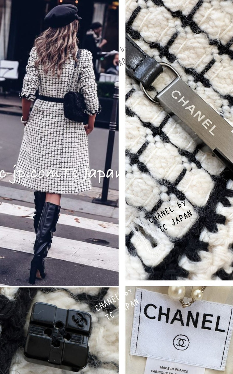 CHANEL 00A Creme Ivory Black Check Wool Alpaca Mohair Belt Tweed Coat 38 シャネル クリーム アイボリー ブラック チェック ウール アルパカ ベルト ツイード コート 即発