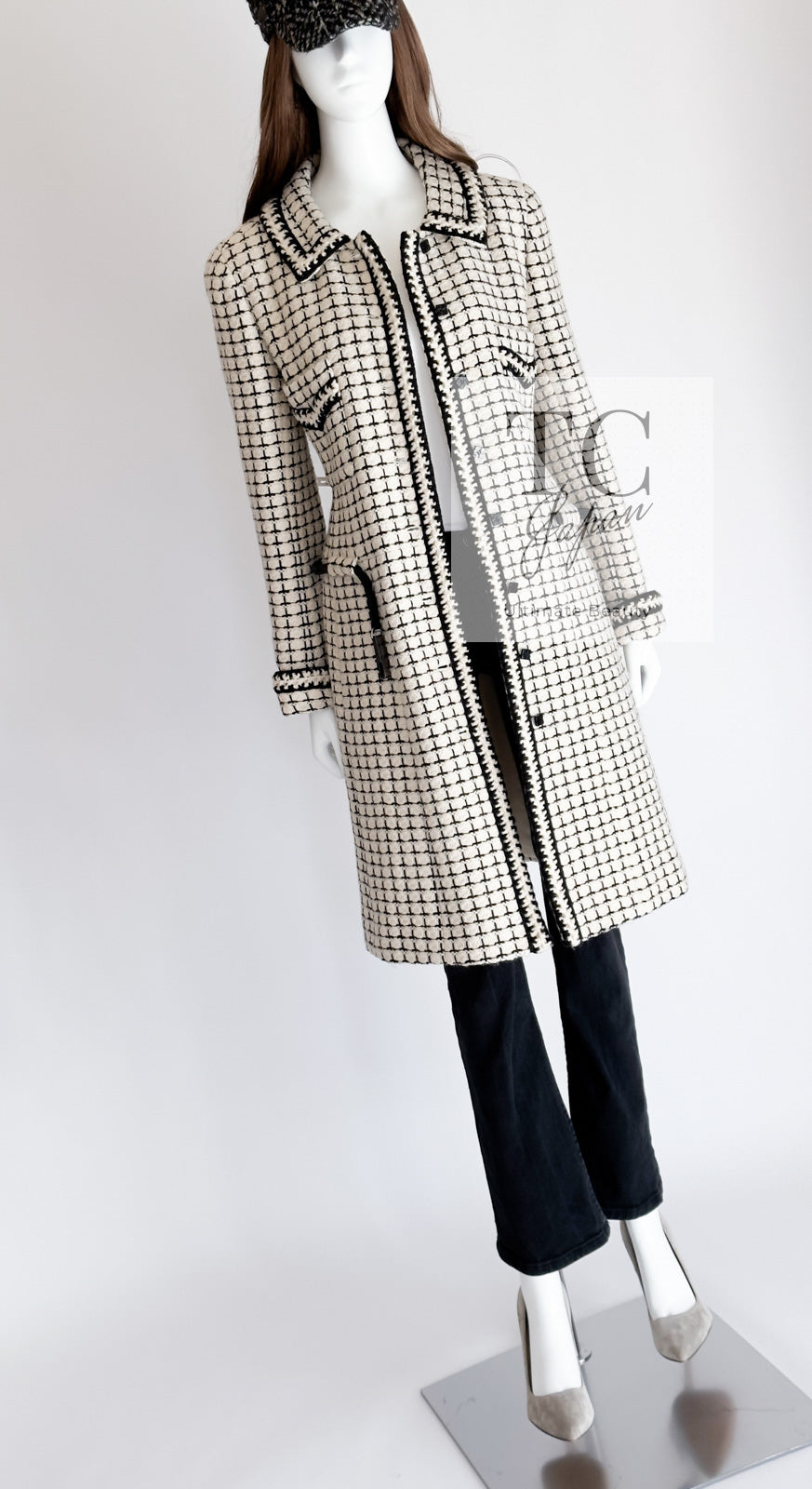 CHANEL 00A Ivory Beige Black Check Wool Alpaca Mohair Tweed Coat 38 | HK